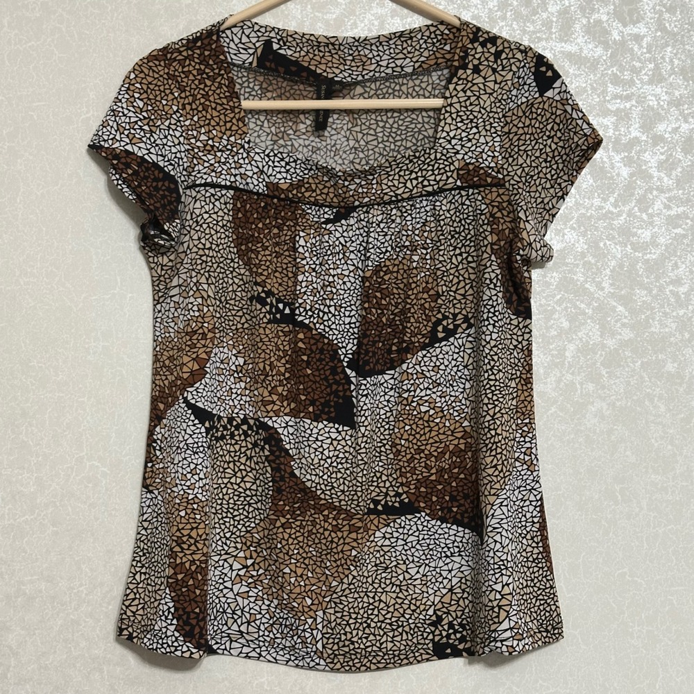 Susan Lawrence Mosaic Geometric Print Cap Sleeve Blouse Square Neck Brown Tan M